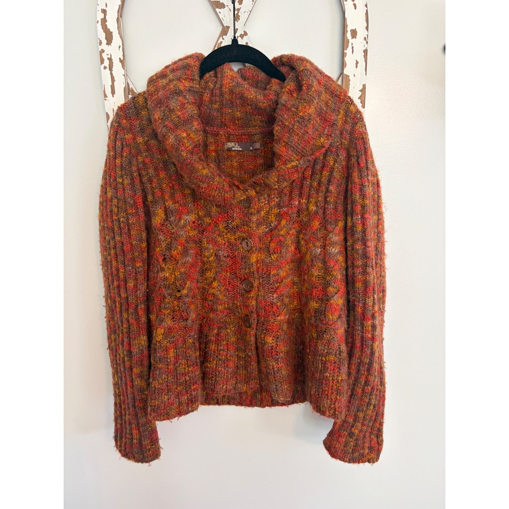 prAna Cardigan Sz M Rust Multicolor Space Dye Cable Knit Shawl Collar Wool Blend